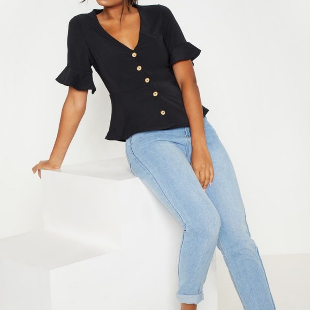 Black Button Down Peplum Blouse